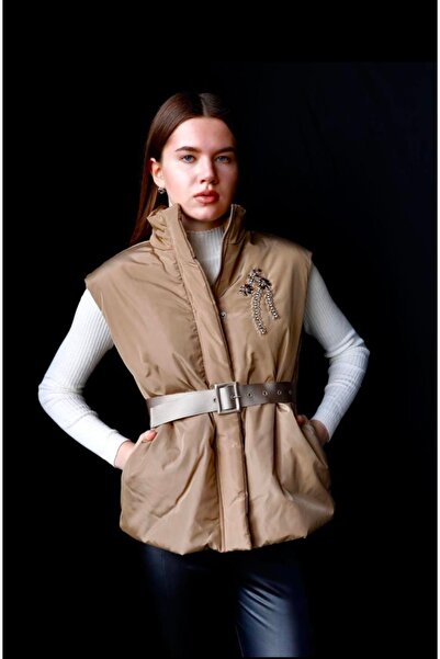 SHEGGY Women's Embroidered down Vest with Belt