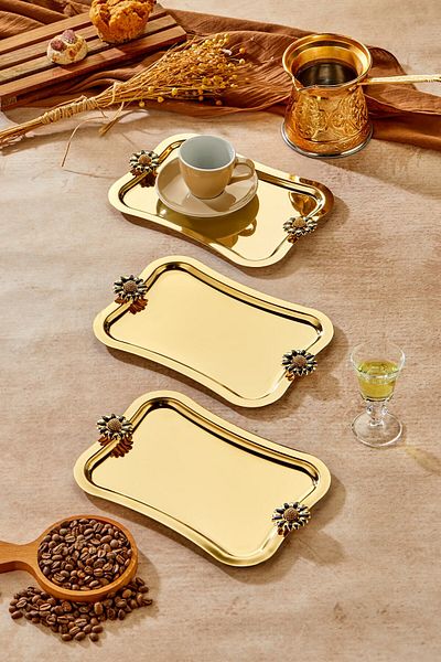 Milenay Elegante Gold Series, Duo Fiore Nero Handle Patterned Gold Presentation Promise Engagement Tray, 25X15Cm, 3 Pieces