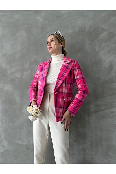 diaves Γυναικείο μπουφάν με μονό κουμπί με ροζ ρίγες με διπλό στήθος