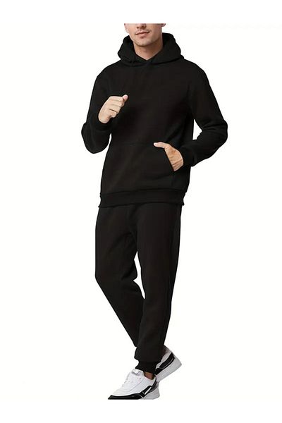 MODA Ανδρικό αθλητικό κοστούμι με κουκούλα 100% βαμβάκι - μακρυμάνικο, μονόχρωμο, ελαστικό πλεκτό ύφασμα, φθινόπωρο/χειμώνας