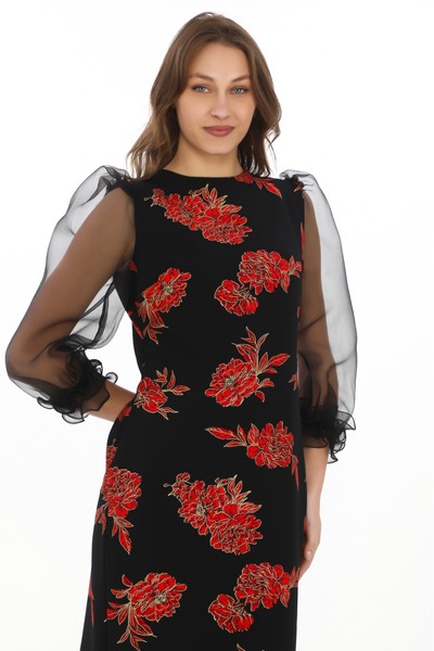 etselements Βραδινό φόρεμα με λουλουδάτο μοτίβο με μανίκια από τούλι με λεπτομέρεια τσέπης 7068