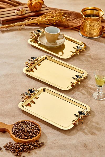 Milenay Elegante Gold Series, Duo Luna Nera Handle Patterned Gold Presentation Promise Engagement Tray, 22X16Cm, 3 Pieces