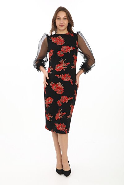 etselements Βραδινό φόρεμα με λουλουδάτο μοτίβο με μανίκια από τούλι με λεπτομέρεια τσέπης 7068