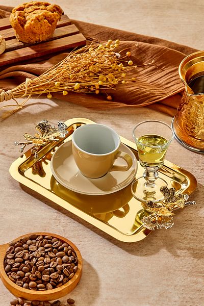 Milenay Elegante Gold Series, Duo Volo Prezioso Handle Patterned Gold Presentation Promise Engagement Tray, 22X16Cm, Single Piece