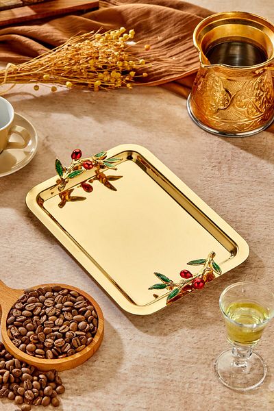 Milenay Gold Series - Duo Bacche Rosso Handle Patterned Promise Engagement Tray, 22X16Cm, Single Piece