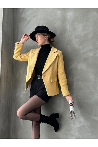 diaves Jachetă de damă cu model linie galbenă, cu un singur nasture, cu cusut dublu
