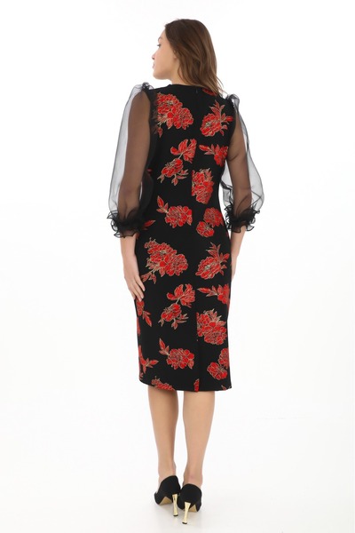 etselements Βραδινό φόρεμα με λουλουδάτο μοτίβο με μανίκια από τούλι με λεπτομέρεια τσέπης 7068