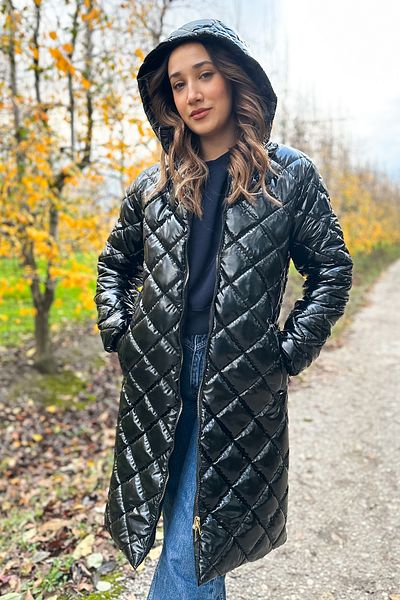 Merdia Women's Black Hooded Inside Special Fabric Lined Waterproof and Windproof Glossy Long down Coat