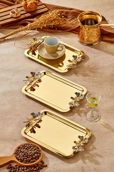 Milenay Elegante Gold Series - Duo Volo, Prezioso Handle Pattern, 22X16Cm Engagement Tray, 3 Pieces