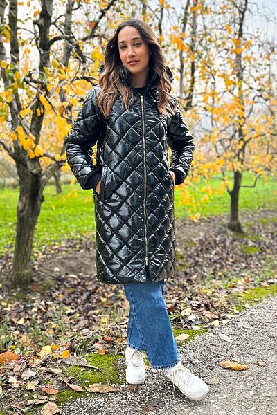 Merdia Women's Black Hooded Inside Special Fabric Lined Waterproof and Windproof Glossy Long down Coat