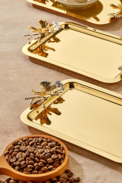 Milenay Elegante Gold Serisi, Duo Volo Prezioso Kulp Desenli Gold Sunum Söz Nişan Tepsisi, 22x16cm, 3 Adet