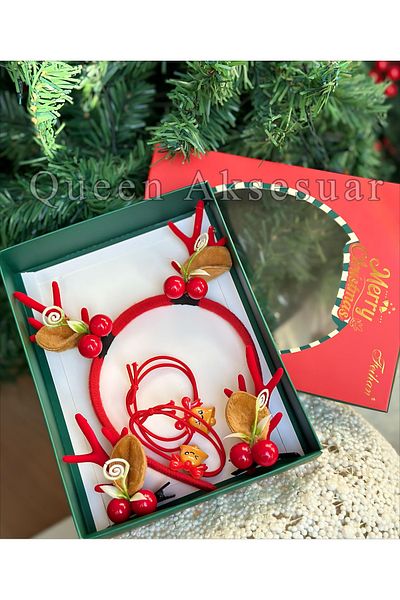 QUEEN AKSESUAR New Year's Luxury Gift Set - Cockina Decorated Crown with Crown Elastic, Pompom Deer, Horn Ears