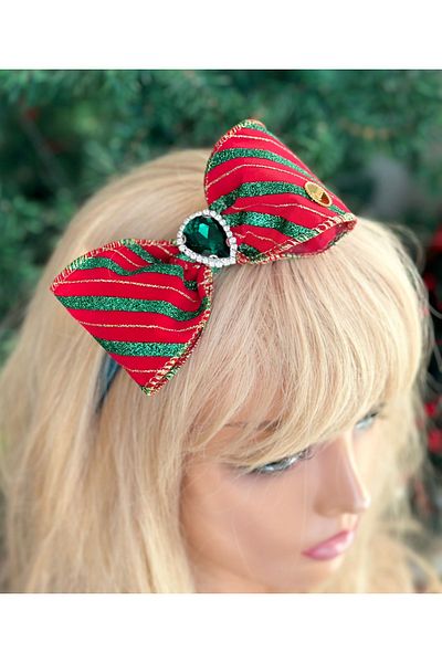 QUEEN AKSESUAR French Ribbon - Christmas Crown with Large Silvery Crystal Stones Red Green Velvet Crown
