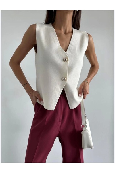 Seramoda ZR GOLD DÜĞMELİ PREMIUM KALİTE ÇELİK TRİKO YELEK BEYAZ