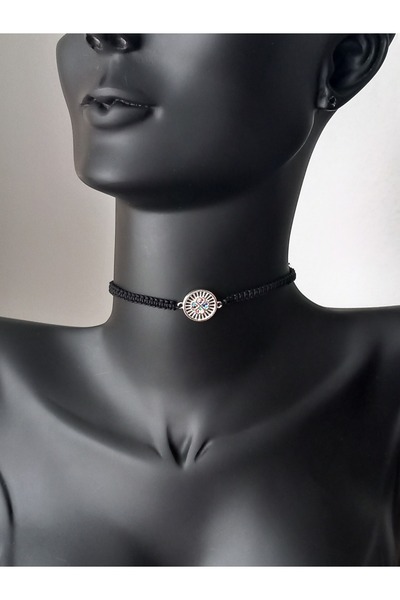 KESKİN GÜMÜŞ GÜMÜŞ SİYAH İP LOTUS ÇİÇEK TASMA TASARIM KADIN CHOKER KOLYE YILB...