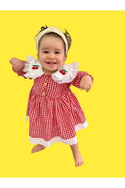 minikiti Girl's Red and White Gingham Dress with Cherry Embroidery and Scalloped Ruffles on the Skirt