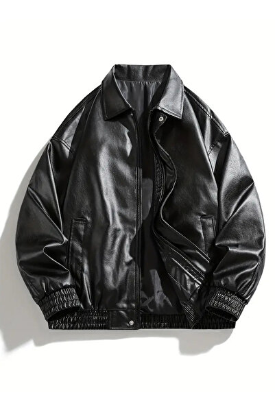 Moderk Unisex Oversize Vintage Siyah Deri Ceket