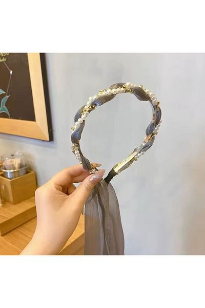 Rachel Crystal Stones, Pearls, Grey Color, Satin Hair Crown