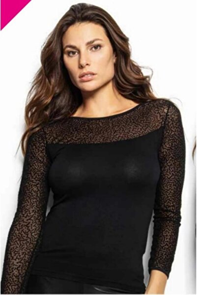 EREN STYLE Uzun Kollu Flok Transparan T-Shirt-0937