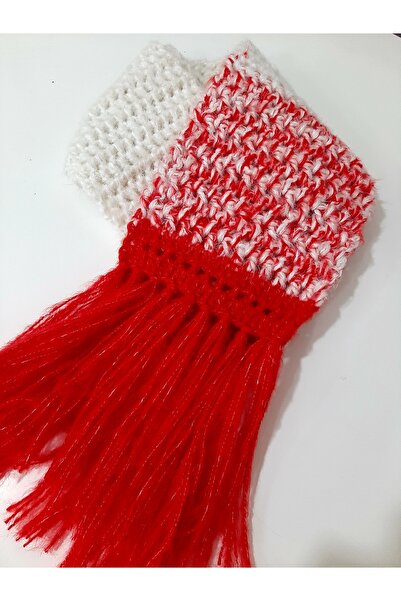 zümal tekstil tasarım Χειροποίητο πλεκτό κασκόλ (Εκρού-Κόκκινο)