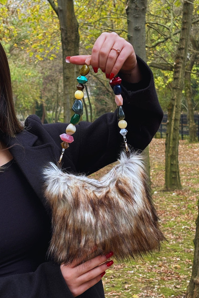 MER HOME Кольорова ручка з намистинами, деталізована, штучна плюшева сумка на руку, плече або через плече