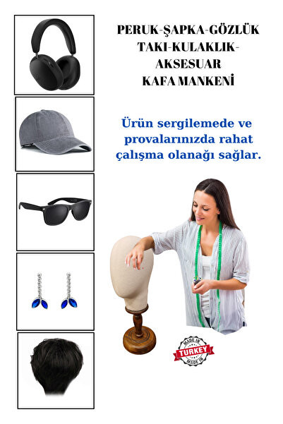 Manken İstanbul Ribana Kumaş Ahşap Ayaklı  Kafa Mankeni Aksesuar Kafa Mankeni...