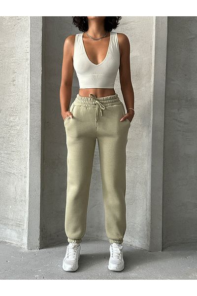 Cappmoda EŞF-09088 Χακί φόρμα Jogger με τρεις κλωστές ράστερ μέσης