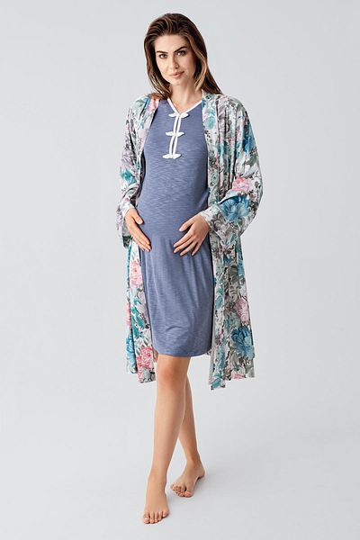 Artış Long Sleeve Patterned Viscose Maternity Dressing Gown Nightgown Set