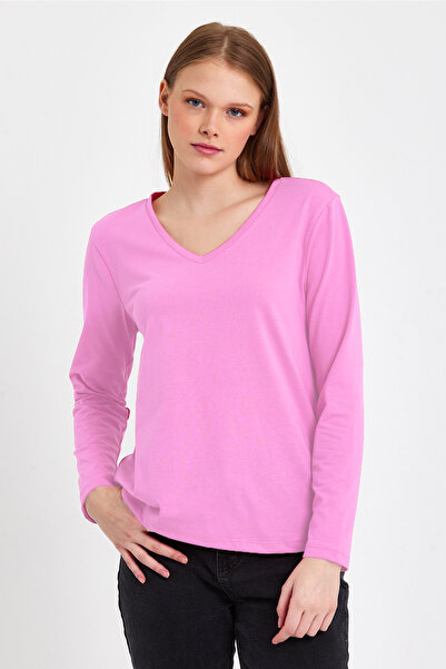 CrazyShopping Kadın Uzun Kollu V Yaka Basic Pamuklu Örme Bluz