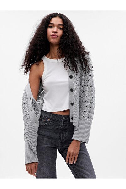GAP Kadın Gri Derin Yırtmaçlı Kroşe Örgü Hırka