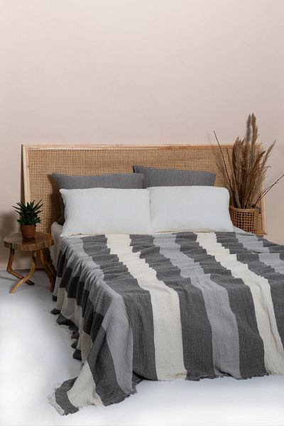 MYLASA HOME Mylasahome Double 4-Layer Muslin Thick Striped Bedspread-Tv Blanket 220X240