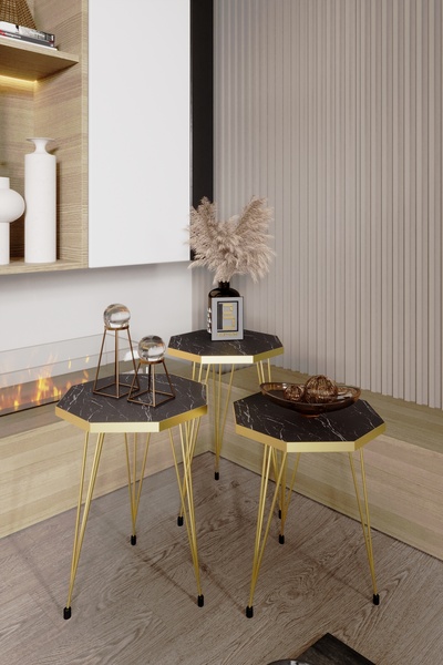 BARIN DESIGN 3'lü Zigon Sehpa Gold Serisi Sekizgen Model Zigon Sehpa Gold Metal Tel Ayak Zigon