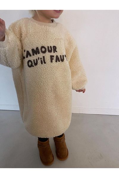 Lolliboomkids Κοριτσίστικο New Season Tan - Πέτρινο Χρώμα Κέντημα Λεπτομέρεια Κεντημένο Λούτρινο Μίντι Φόρεμα