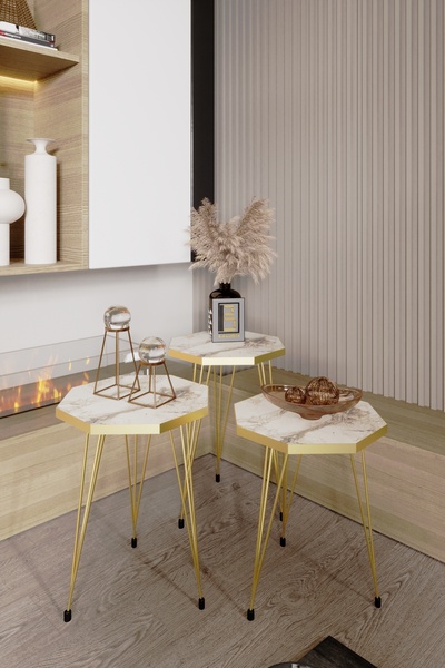 BARIN DESIGN 3'lü Zigon Sehpa Gold Serisi Sekizgen Model Zigon Sehpa Gold Met...