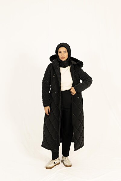 Moda Asrın Kapütone Beli Bağacıklı Kapüşonlu Baklava Boyut Desenli Mont Siyah