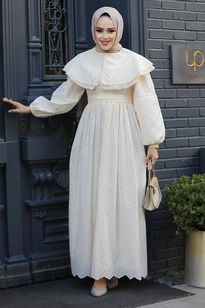 Neva Style Rochie Hijab cu dantelă bej - 14212BEIG