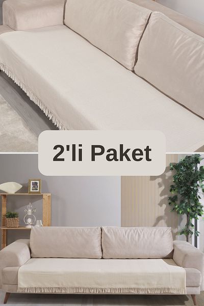 Miracolo Home Калъф за диван от 2 части, екрю, памучен - 115x200, с ресни отпред и райета