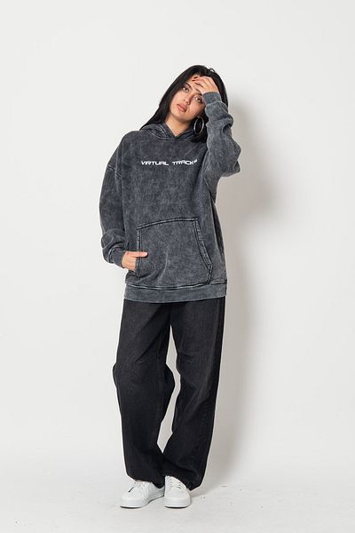 Bak Moda Virtual Tracks Printed Oversize Unisex Premium Washable Black Hoodie