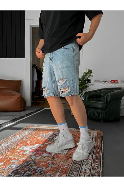 BYBASICMAN Light Blue Ripped Denim Shorts - Ke-481