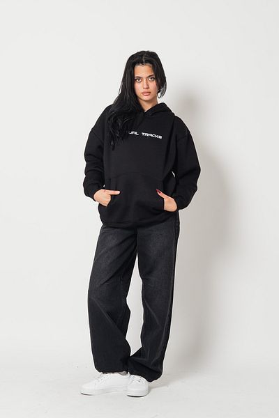 Bak Moda Virtual Tracks Printed Oversize Unisex Premium Black Hoodie