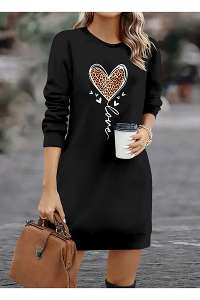 leyla sanat sanata yeni bir bakış açısı Leyla Art a New Perspective on Art Women's Long Sleeve Crew Neck Heart Print Short Viscose Elbi