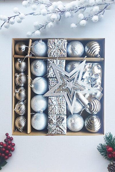 Patladı Gitti Χριστουγεννιάτικο στολίδι από πεύκο 30 τεμαχίων Πολυτελές ασημένιο χριστουγεννιάτικο στολίδι