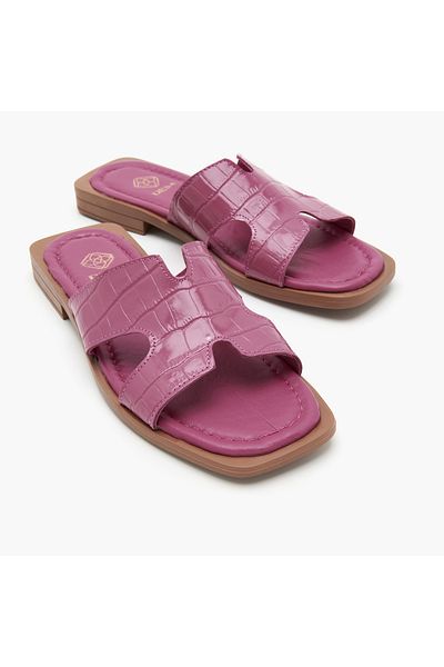 Desa Women's Fuchsia Crocodile Printed Leather Slippers