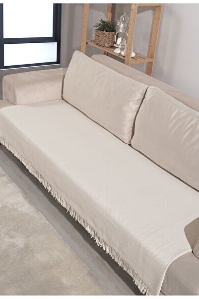 Miracolo Home Ekru Pamuklu Koltuk Örtüsü 115x200 Önden Saçaklı Çizgili Desenli