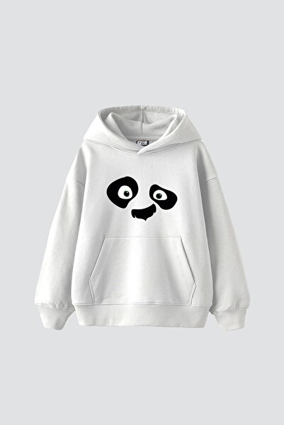 Bak Moda Kungfu Pand Printed Oversize Unisex Premium White Hoodie