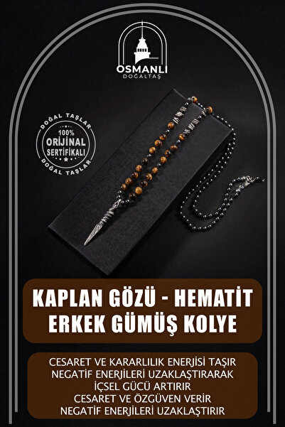 OSMANLI DOĞAL TAŞ Kaplan Gözü-hematit Doğal Taş Erkek Gümüş Tasarım Kolye
