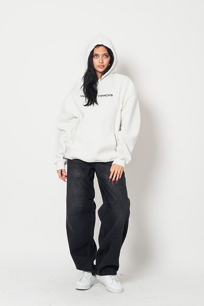 Bak Moda Virtual Tracks Printed Oversize Unisex Premium White Hoodie