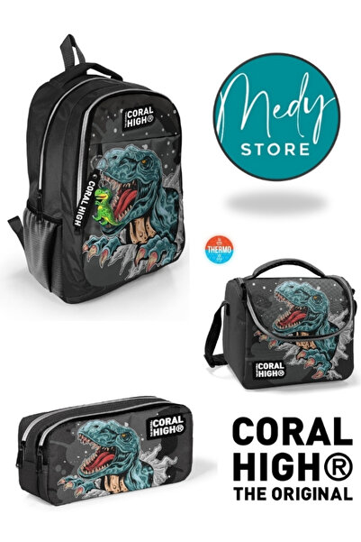 Coral High Koyu Gri Siyah Dinozor Desenli 3’lü Okul Çanta Seti