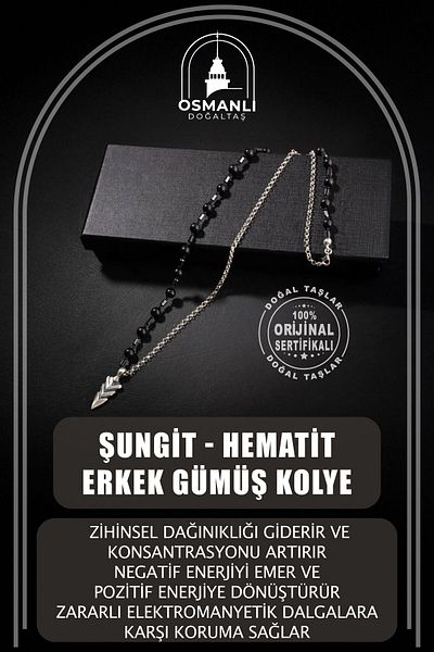 OSMANLI DOĞAL TAŞ Shungit-hematite Natural Stone Men's Silver Design Necklace