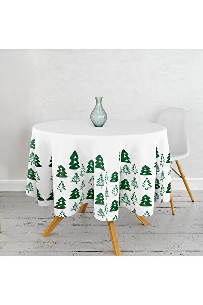 Razz Moda YILBAŞI AĞAÇLI YEŞİL VE BEYAZ RENKLİ YUVARLAK MASA ÖRTÜSÜ